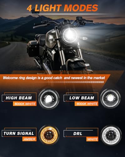 MGLLGHT DOT 7 Inch LED Headlight Motorcycle 1000% Bright DRL Amber Turn Signal High/Low Beam, Projector Angel Eyes Compatible with Electra Glide Tour FLD Softail Street Glide Road King - color: Starry Design