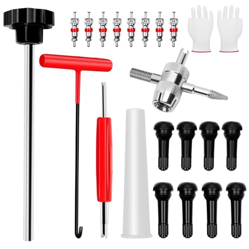22PCS Tire Valve Stem Tool–Quick Change Valve Installer Kit with TR413/TR414 Valve Stems,Valve Stem Removal Tool,4-Way Valve Core Removal Tool,T-Handle Puller,Push Rod&Gloves–Fits Cars,Trucks and More