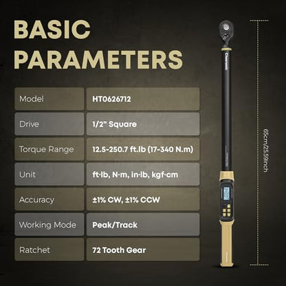Digital Torque Wrench 1/2 Drive, 12.5-250.8 ft·lb (17-340N.m) ±1% Accuracy Electronic Torque Wrench with Buzzer and LED Heavy Duty Torque Wrench Set with Socket for Car Repair Trucks large machinery - size: 1/2 Drive 12.5-250.8 ft·lb