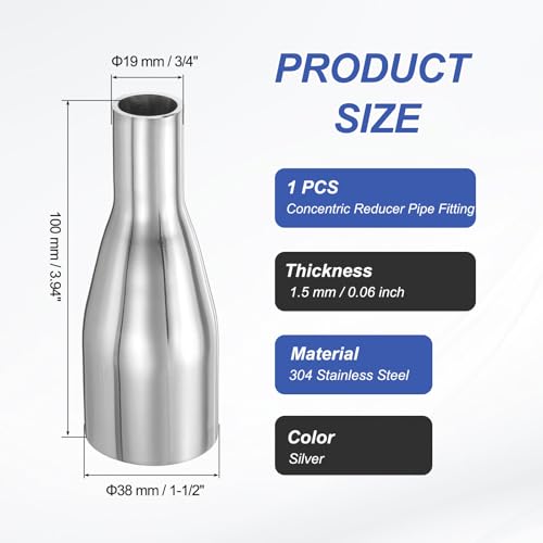 PATIKIL Concentric Reducer Pipe Fitting, 1-1/2"(38mm) to 3/4"(19mm) OD 304 Stainless Steel Butt Weld Tube Long Reducer Exhaust Pipe for Food Beverage HVAC Plumbing, Silver - size: 1-1/2" to 3/4" OD