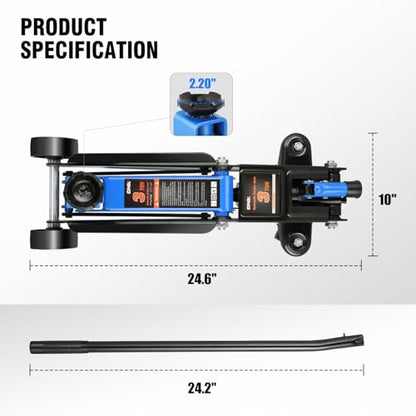 DNA Motoring 3 Ton Low Profile Floor Jack, 3 tons (6000 lbs) Capacity Fast Lift Hydraulic Trolley Service/Floor Jack, 7.7 "-21" Lifting Range, Blue, TOOLS-00674-BL - color: Blue, style: 3 ton