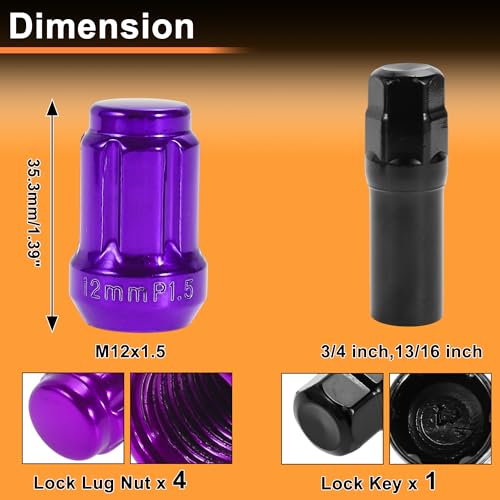 M12x1.5 Wheel Locking Nut with 1 Socket Key for Honda for Toyota Anti-Theft Tyre Tire Lock Nuts Removal Tool Purple 1 Set - color: Purple
