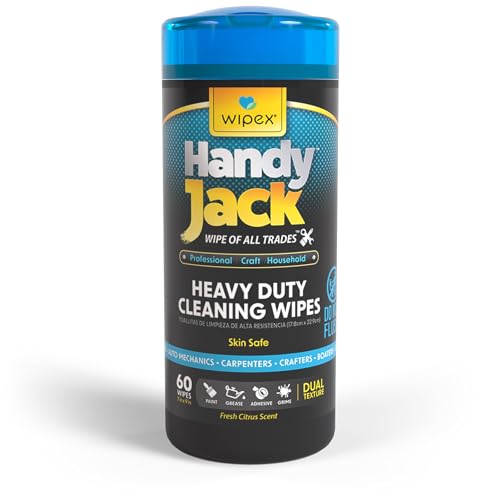 Wipex Handy Jack Heavy Duty Wipes, Dual Texture Cleaning Cloth, Use on Hands, Equipment, Tools, Garden, Automotive, Sneakers, Walls Easily Removes Paint, Adhesives, Oil, Grease, & Dirt, 60ct Canister - size: 60 Count (Pack of 1), style: Canister