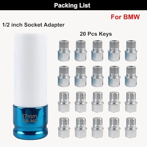 21PCS Wheel Lock Removal Kit, Fxsomgt Wheel Lock Key Automotive Wheel Anti-Theft Lock Lug Nut Screw Remover Key Socket Tool Set with 1/2 inch (12.7mm) Socket Adapter Compatible for BMW & Mini Series