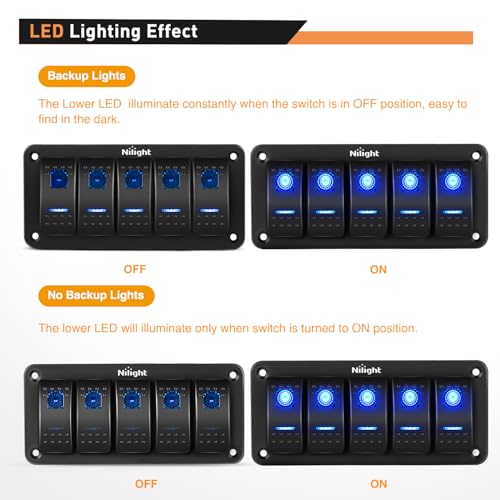 Nilight - 90110E 5 Gang Aluminum Rocker Switch Panel Toggle Dash 5 Pin ON/Off Pre-Wired Rocker Switch Blue Backlit Switch for Automotive Car Marine Boat RV,2 Years Warranty - color: Blue, size: 5 Gang