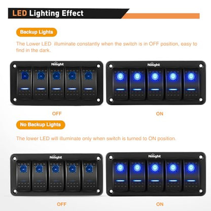 Nilight - 90110E 5 Gang Aluminum Rocker Switch Panel Toggle Dash 5 Pin ON/Off Pre-Wired Rocker Switch Blue Backlit Switch for Automotive Car Marine Boat RV,2 Years Warranty - color: Blue, size: 5 Gang