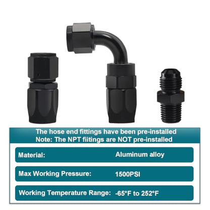 2FT Assembled 6AN Fuel Line Kit CPE with Fittings(0°+90°, 3/8" NPT) - size: 2ft(0°+90°) & 3/8 NPT Fittings