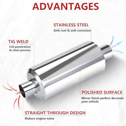 LCGP 2.25" Inlet Universal Resonator, 2.25" Outlet 20" Overall Length Stainless Steel High Performance Muffler, Polished, Pass-Thru Design - size: 2.25" Round body