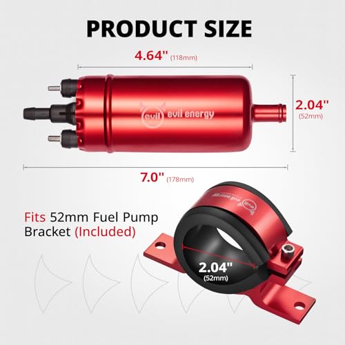 EVIL ENERGY External Inline Electric Fuel Pump, 255 LPH High Pressure with 52MM Bracket Clamp, Red - color: Red