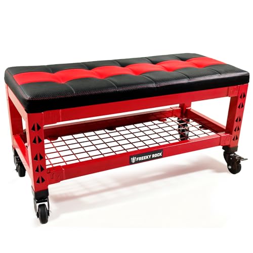 3-in-1 Rolling Garage Bench Seat with Creeper Pad,Storage (Red)