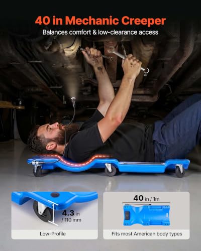 VEVOR 40 in Mechanic Creeper with LED Light, Low Profile Plastic Garage Creeper, 350 lbs Under Car Rolling Creeper with 6 Swivel Casters, Padded Headrest & Tool Trays for Auto Repair - color: Blue