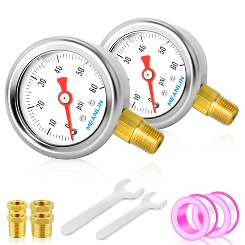 MEANLIN MEASURE 2pcs 0~60Psi Stainless Steel Liquid Filled, 1/8" NPT 1.5" Glycerin Filled Pressure Gauge, Water Oil Air, Lower Mount, with 1/4" NPT and 3/8" NPT Hex Bushing - size: 0-60Psi
