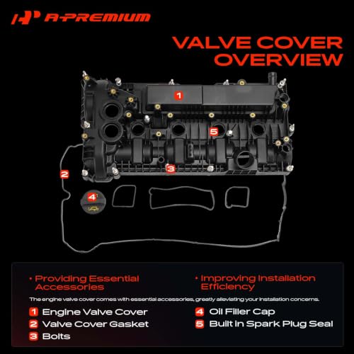 A-Premium Engine Valve Cover, with Gasket & Bolts, Compatible with Ford Edge/Mustang 2015-2019, Escape 2017-2019, Explorer 2016-2019, Fusion 2017-2020 & Lincoln MKC/MKZ 2017-2019, 2.0L 2.3L DOHC