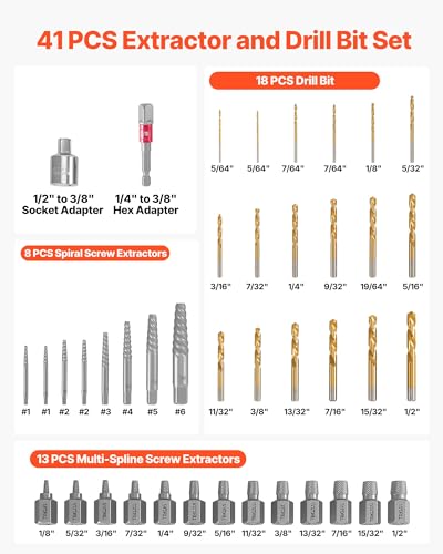 VEVOR 41-Piece Screw Extractor and Left Hand Drill Bits Set, Easy Out Screw Extractor Kit with HSS Steel Reverse Drill Bit for Broken Nuts, Stripped Bolts Remove, Adapters - size: 41 PCS
