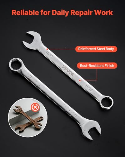 VEVOR Combination Wrench Set, 42-Piece SAE and Metric, 12-Point Box End and 15° Angled Open End Combination Wrenches with Roll Up Pouch, Carbon Steel, for General Household and Automotive Repairs - size: 42PCS