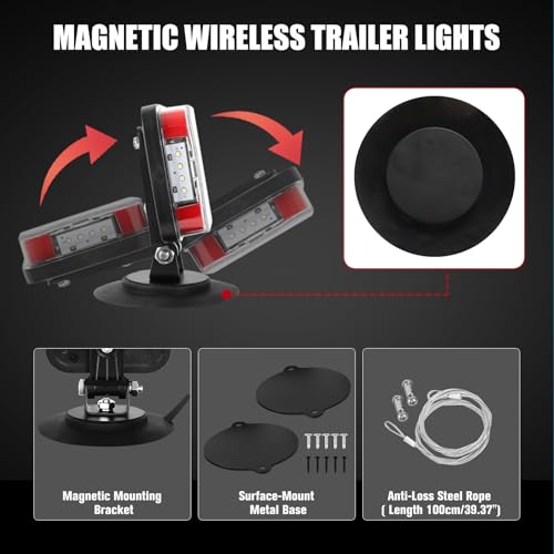 Wireless Trailer Lights Magnetic，Rechargeable LED Towing Tail Lights Universal Turn/Brake/Reverse/License Plate Lights for Trucks, Trailers, RVs, Boats, UTV, ATV - 4-Pin & 7-Pin Plug Compatible