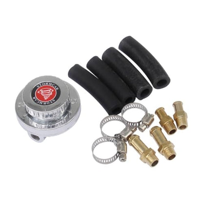Manual Adjustable Fuel Pressure Regulator Kit, Chrome Silver with Gold Fittings, Includes Hose Clamps and Heat Shrink Sleeves for Carburettor Systems
