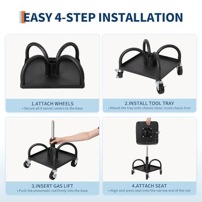Rolling Shop Stool w/ 3" Locking Swivel Wheels, 300LB Capacity, 15.7"-20.5" Height Adjustable with Soft Cushion & Tool Tray, Telescoping Mechanic Seat for Garage, Auto Repair, Heavy-Duty, Black - size: Black-2