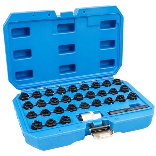 BHB 32PCS Wheel Locking Nut Key Removal Tool Kit Wheel Anti-Theft Lock Lug Nut Screw Remover Set with Punch and 1/2 Inch Driver Scoket Adaptor Compatible with Mercedes Benz