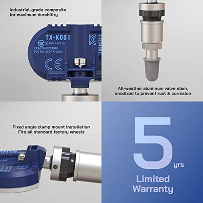 MORESENSOR Compact PRO Series Dual Frequency Universal Programmable TPMS Tire Pressure Sensor 5-Pack | 315 + 433 MHz | Clamp-in Aluminum Valve | TX-K001-BL-5