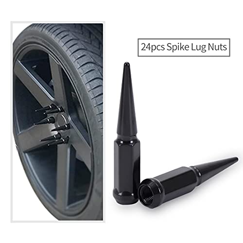 M14x1.5 Spike Lug Nuts - Black Set of 24 with 2 Socket Keys (19mm Hex, 4.4" Tall)