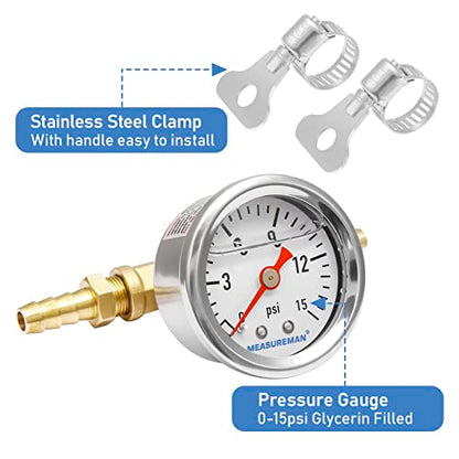 MEASUREMAN Fuel Pressure Gauge Kit 0-15Psi Stainless Steel Glycerin Filled, 1-1/2" Dial Size, with 5/16" Fuel Line Fuel Pressure Brass T-Fitting Adapter, Center Back Mount - size: 0-15 psi, style: Back Mount T-Fitting Adapter