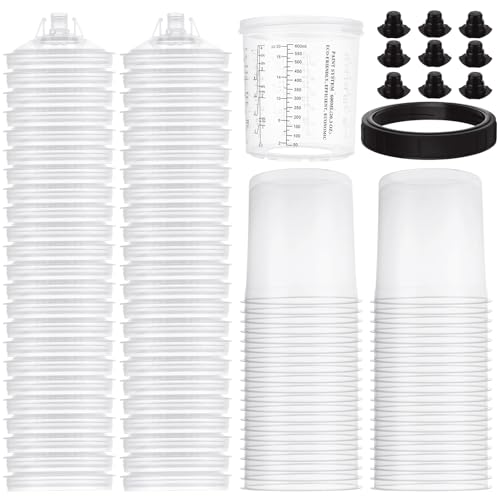 YAYODS 50 Pack Disposable Paint Sprayer Gun Cup Liners and Lid System for Spray Gun, Paint Cups 22 Ounce (650ml) Kit with 50 Mixing Cup Liners, 50 Lids, 20 Plugs, 1 Hard Cup with Retainer Ring