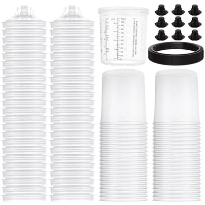 YAYODS 50 Pack Disposable Paint Sprayer Gun Cup Liners and Lid System for Spray Gun, Paint Cups 22 Ounce (650ml) Kit with 50 Mixing Cup Liners, 50 Lids, 20 Plugs, 1 Hard Cup with Retainer Ring