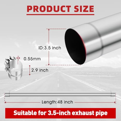 LCGP 3.5 Inch Straight Exhaust Pipe, 3.5" Stainless Steel Straight Muffler Replacement Pipe, 48" Length Mandrel Exhaust Tube with Two Lap Joint Band Clamps(New Version) - size: 3.5 Inch, style: 48 Inch Long