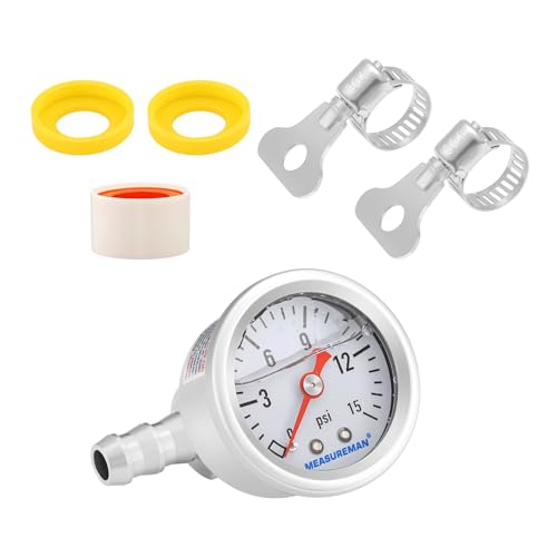 MEASUREMAN 0-15 Psi Glycerin Filled Fuel Pressure Gauge, 1.5” Dial, 304 Stainless Steel Case, 1/8” NPT Center Back Mount, with 3/8” Fuel Line Adapter, Copper Tube & Fittings, Red Aluminum Pointer - size: 0-15 psi, style: Back Mount (7 Pieces Kit)