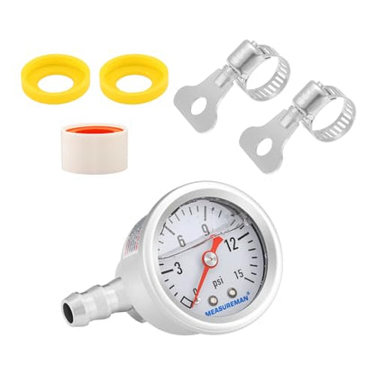 MEASUREMAN 0-15 Psi Glycerin Filled Fuel Pressure Gauge, 1.5” Dial, 304 Stainless Steel Case, 1/8” NPT Center Back Mount, with 3/8” Fuel Line Adapter, Copper Tube & Fittings, Red Aluminum Pointer - size: 0-15 psi, style: Back Mount (7 Pieces Kit)