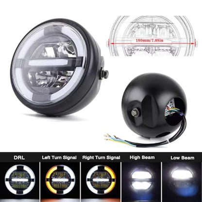 6.69 Inch Motorcycle LED Headlight with Mounting Brackets Assembly, 6.69 inch universal Round Headlamp with High/Low Beam Turn Signal DRL for Cafe Racer E-bike Bobber Chopper