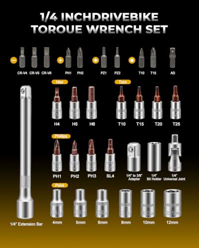 1/4" Torque Wrench Set with Bit Sockets, 10-220 in.lb Precision Click Torque Wrench Kit, S2 Steel Bits, Extension Bar & Case for Bike and Auto Repair - size: 1/4"