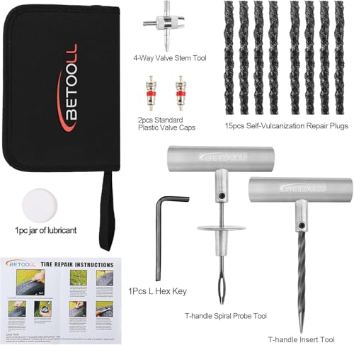Tire Repair Kit, 24 Pcs Professional Heavy Duty Universal Emergency Flat Tire Repair Kit to Fix Punctures, for car Motorcycle, Truck, Golf Cart, ATV, Tractor, ARB, RV, SUV, Trailer etc.(Black) - size: 02- 24pcs (Black)