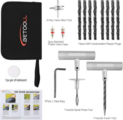 Tire Repair Kit, 24 Pcs Professional Heavy Duty Universal Emergency Flat Tire Repair Kit to Fix Punctures, for car Motorcycle, Truck, Golf Cart, ATV, Tractor, ARB, RV, SUV, Trailer etc.(Black) - size: 02- 24pcs (Black)