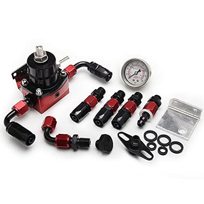 EFI Fuel Pressure Regulator Kit 30-70psi with Gauge 6AN Aluminum Adjustable Universal Fuel Line Hose Fitting Connectors Kit Black&Red - color: Black&Red