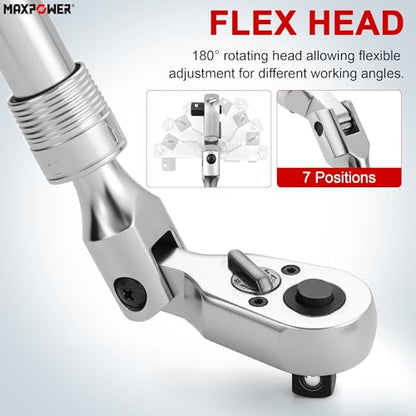 MAXPOWER 1/2" Drive Flex Head Ratchet, Extendable 12.6"-18.1", Soft Grip - size: 1/2"