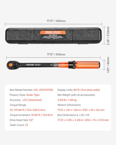 VEVOR 1/2-inch Drive Torque Wrench, 10-170 ft.lb/13.6-230.5 Nm, Dual-Direction Adjustable 72 tooth Click Torque Wrench with Buckle for Bicycle, Moto and Car Maintenance - size: 1/2" 1 PCS