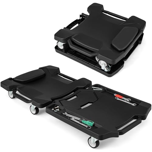 43" Foldable Mechanic Creeper, Heavy Duty Rolling Garage Creeper with Padded Headrest & Tool Trays, Low Profile Automotive Creeper for Garage, Shop & Auto Work Repair, 350 lbs Capacity