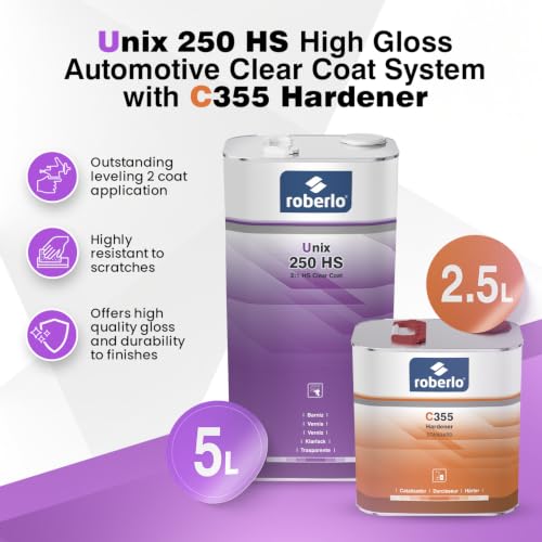 Roberlo Unix 250 HS Clear Coat 5L + C355 Hardener 2.5L - Acrylic Polyurethane, High Gloss Finish - Professional Grade Automotive Refinishing Kit - Trusted Quality, Exceptional Performance and Results.