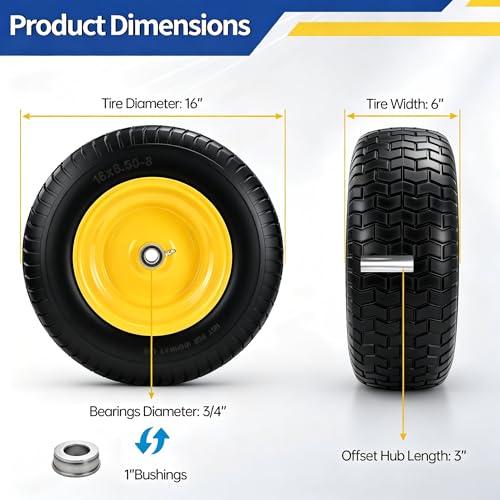 2 Pcs 16x6.50-8 Flat Free Tire and Wheel, 3" Offset Hub & 3/4" Bearings - size: 2 Pcs 16x6.50-8 Flat Free 3/4" Bearing