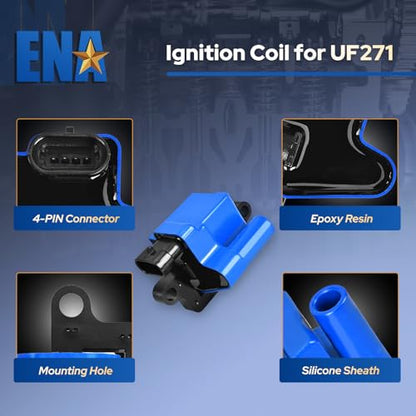 ENA UF271 Square Ignition Coils 41-962 Spark Plugs 748UU Spark Plug Wires Set Compatible with Chevy Silverado Avalanche Suburban Tahoe Express GMC Sierra Yukon Escalade 4.8L 5.3L 6.0L, Set of 8