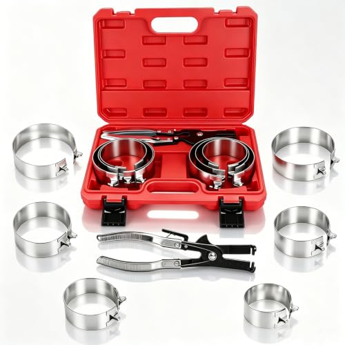 Piston Ring Compressor Tool, Thickened Adjustable 6 Piston Rings (2-7/8" - 4-5/8") and Pliers - Piston Ring Tool for Car, Truck & Motorcycle Installation, with Storage Box, Natural Metal - size: 6+1 PCS
