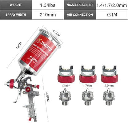 HVLP Air Spray Gun with 1.4/1.7/2mm Nozzles Air Compressor Regulator Paint Gun Kit 1000cc Capacity Cup Air Spray Paint Gun for Car Primer Painting,Furniture Spraying,Wall Painting,Base Coatings