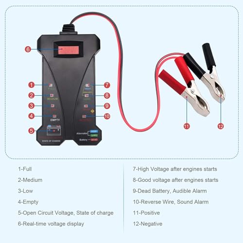 J805 Charging System Analyzer, 12V Digital Car Battery Tester for Car Truck Motorcycle SUV ATV RV and Boat