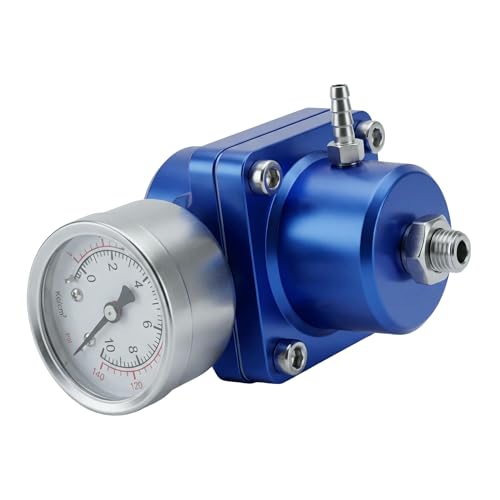 Universal Adjustable Fuel Pressure Regulator Kit 0-140 PSI Gauge Blue Aluminum FPR 11cm(4.33") Height for Gasoline Injection Performance (Blue) - color: Blue