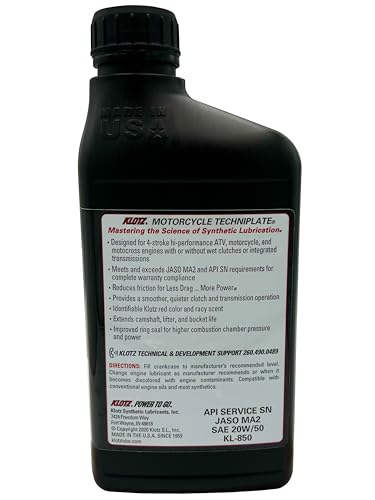 Klotz Motorcycle TechniPlate with Integrated Transmission, Hi-Performance Synthetic Motor Oil Lubricant for 4-Stroke Engines | 20W-50 – KL-850 – 1 Quart - size: 20W-50