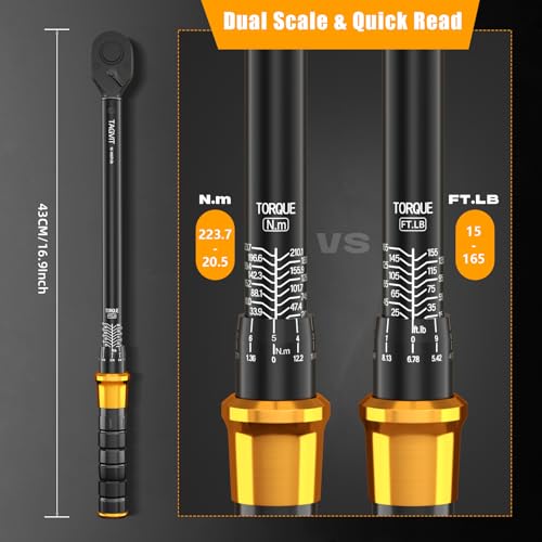1/2-Inch Drive Click Torque Wrench Set – 15–165 ft-lb / 20–220 Nm, ±3% Precision, Dual Scale, Reversible Head for Car, Tire, and Motorcycle Use