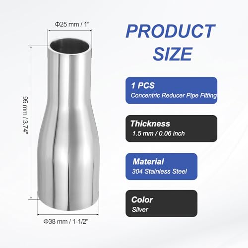 PATIKIL Concentric Reducer Pipe Fitting, 1-1/2"(38mm) to 1"(25mm) OD 304 Stainless Steel Butt Weld Tube Long Reducer Exhaust Pipe for Food Beverage HVAC Plumbing, Silver - size: 1-1/2" to 1" OD