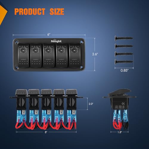 Nilight 5 Gang Rocker Switch Panel w/Purple LED Light 5Pin On Off Pre-Wired - color: Purple, size: 5 Gang